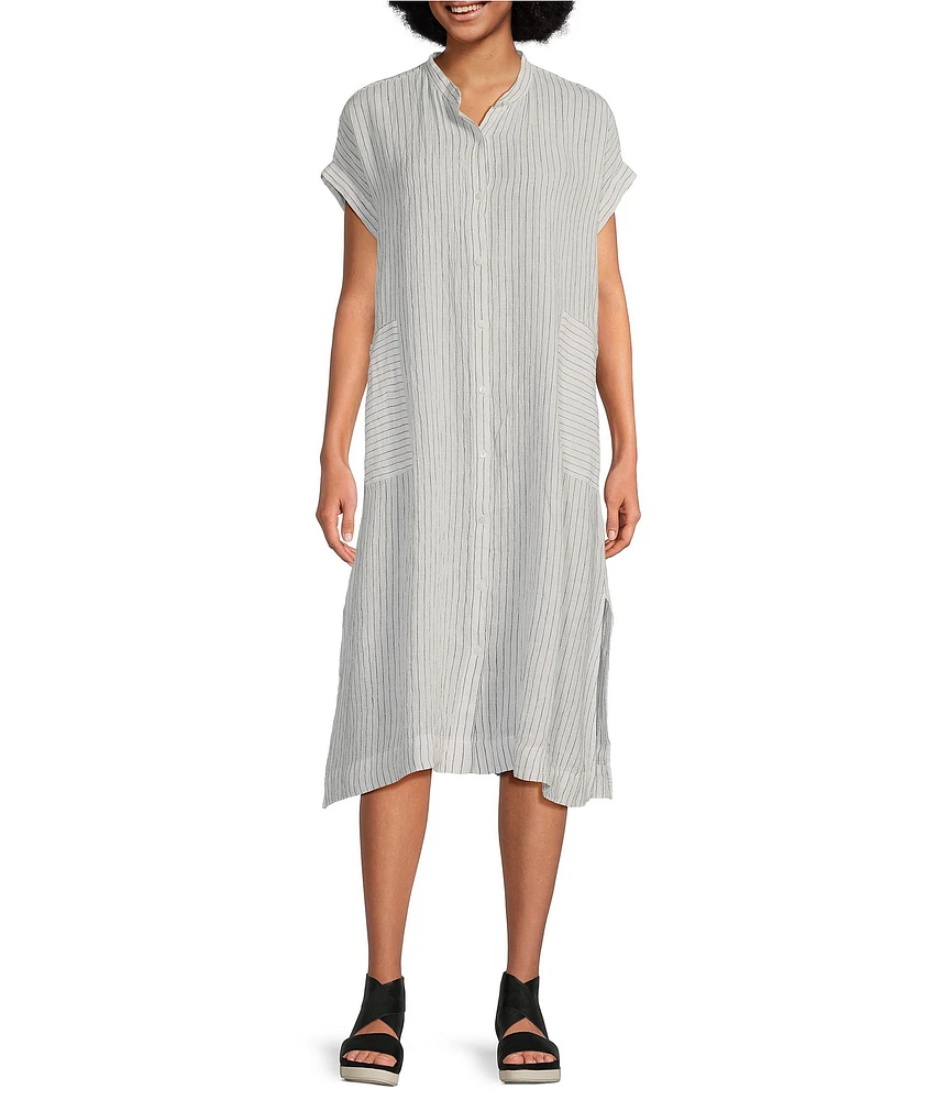 Eileen Fisher Puckered Organic Linen Stripe Mandarin Collar Short Sleeve Midi Dress