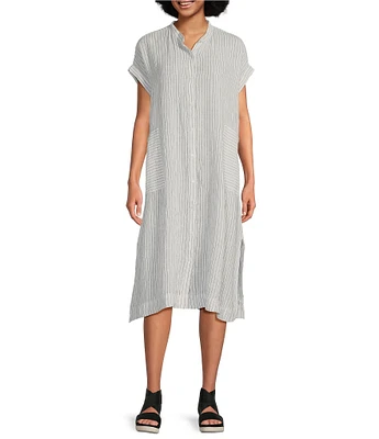 Eileen Fisher Puckered Organic Linen Stripe Mandarin Collar Short Sleeve Midi Dress