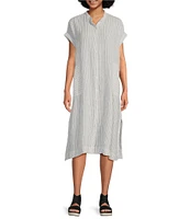 Eileen Fisher Puckered Organic Linen Stripe Mandarin Collar Short Sleeve Midi Dress