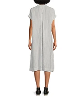Eileen Fisher Puckered Organic Linen Stripe Mandarin Collar Short Sleeve Midi Dress