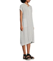 Eileen Fisher Puckered Organic Linen Stripe Mandarin Collar Short Sleeve Midi Dress