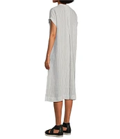 Eileen Fisher Puckered Organic Linen Stripe Mandarin Collar Short Sleeve Midi Dress