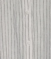 Eileen Fisher Puckered Organic Linen Stripe Mandarin Collar Short Sleeve Midi Dress