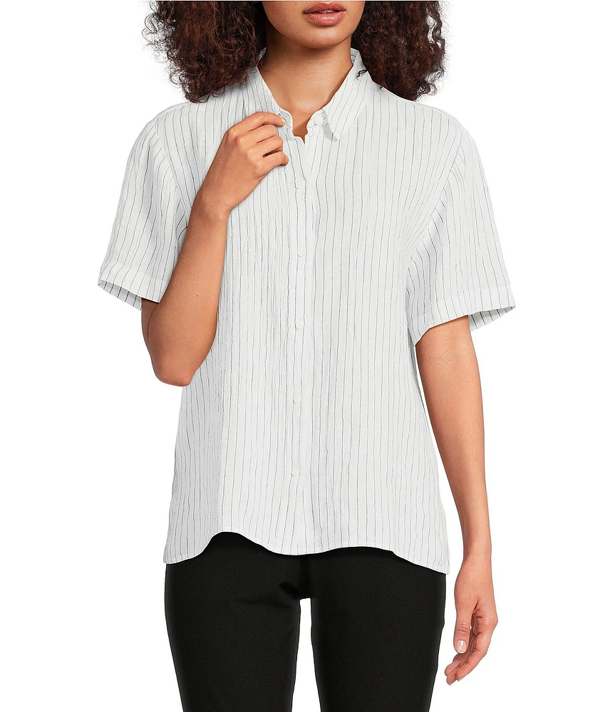 Eileen Fisher Puckered Organic Linen Stripe Point Collar Short Sleeve Shirt