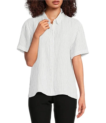 Eileen Fisher Puckered Organic Linen Stripe Point Collar Short Sleeve Shirt