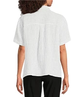 Eileen Fisher Puckered Organic Linen Stripe Point Collar Short Sleeve Shirt