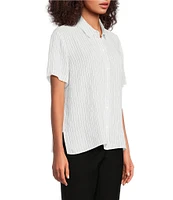 Eileen Fisher Puckered Organic Linen Stripe Point Collar Short Sleeve Shirt