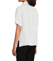 Eileen Fisher Puckered Organic Linen Stripe Point Collar Short Sleeve Shirt