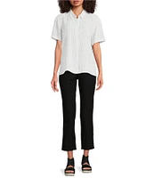 Eileen Fisher Puckered Organic Linen Stripe Point Collar Short Sleeve Shirt