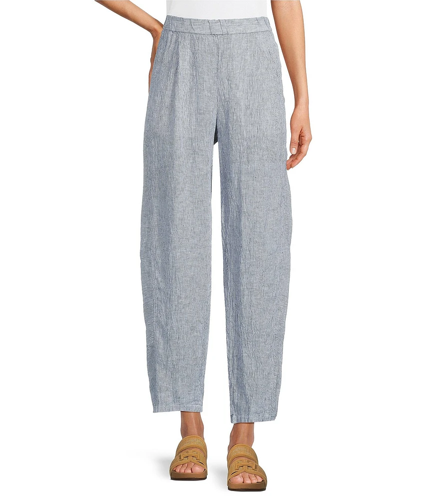 Eileen Fisher Puckered Organic Linen Yarn-Dyed Stripe Elastic Waist Pull-On Pants