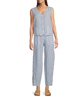 Eileen Fisher Puckered Organic Linen Yarn-Dyed Stripe Elastic Waist Pull-On Pants