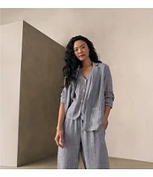 Eileen Fisher Puckered Organic Linen Yarn-Dyed Stripe Elastic Waist Pull-On Pants