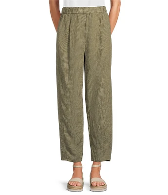 Eileen Fisher Puckered Organic Linen Yarn-Dyed Stripe Elastic Waist Pull-On Pants