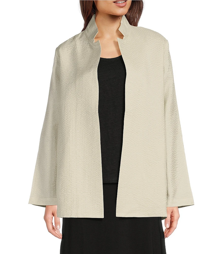 Eileen Fisher Quilted Silk Stand Collar Long Sleeve Open Front Jacket