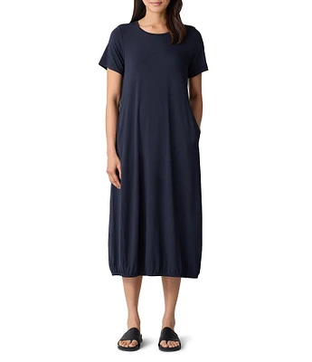 Eileen Fisher Round Neck Short Sleeve Full Length Lantern Midi Dress