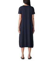 Eileen Fisher Round Neck Short Sleeve Full Length Lantern Midi Dress