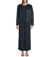 Eileen Fisher Satin-Woven Blend Round Neck Long Sleeve Open Front Jacket