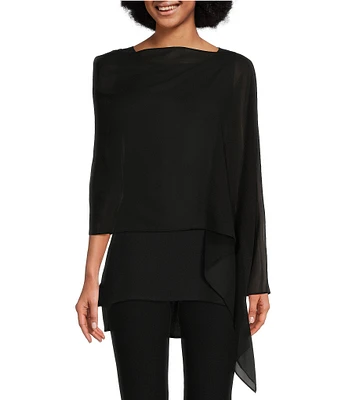 Eileen Fisher Sheer Silk Georgette Boat Neck Asymmetrical Wrap