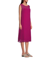 Eileen Fisher Sheer Silk Georgette Boat Neck Sleeveless Midi Dress