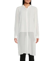 Eileen Fisher Sheer Silk Georgette Mandarin Collar Long Sleeve Button Front Shirt