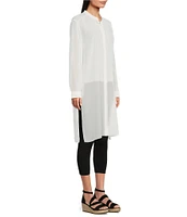 Eileen Fisher Sheer Silk Georgette Mandarin Collar Long Sleeve Button Front Shirt