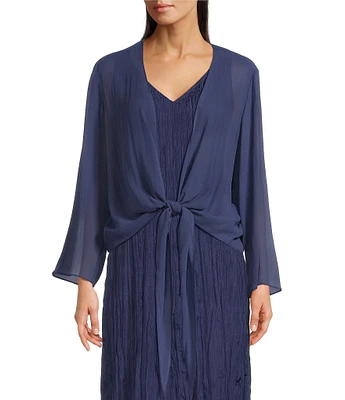 Eileen Fisher Sheer Silk Georgette Tie Front Bracelet Sleeve Cardigan
