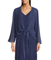 Eileen Fisher Sheer Silk Georgette Tie Front Bracelet Sleeve Cardigan