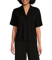 Eileen Fisher Organic Cotton Short Sleeve Interlock Knit Notch Collar Sleep Top