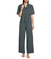 Eileen Fisher Organic Cotton Short Sleeve Interlock Knit Notch Collar Sleep Top