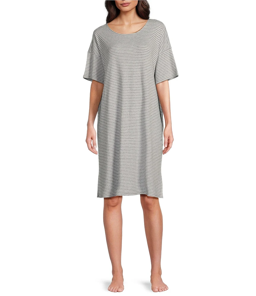 Eileen Fisher Short Sleeve Round Neck Knit Striped Nightshirt