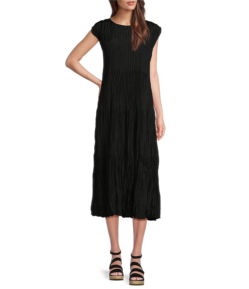 Eileen Fisher Silk Crew Neck Cap Sleeve Tiered Midi Dress