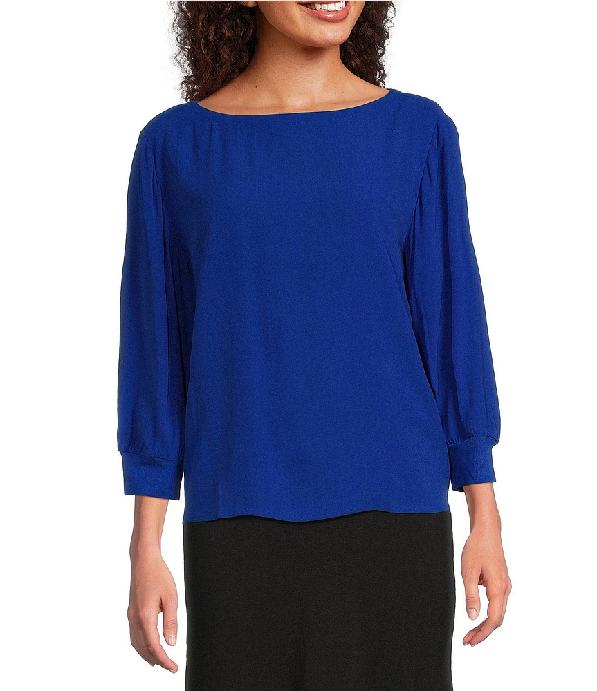 Eileen Fisher Silk Georgette Crepe Boat Neck 3/4 Sleeve Top