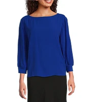 Eileen Fisher Silk Georgette Crepe Boat Neck 3/4 Sleeve Top
