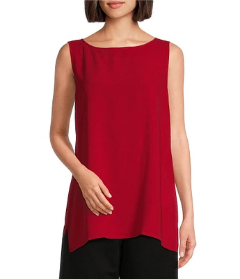 Eileen Fisher Silk Georgette Crepe Boat Neck Sleeveless Long Shell