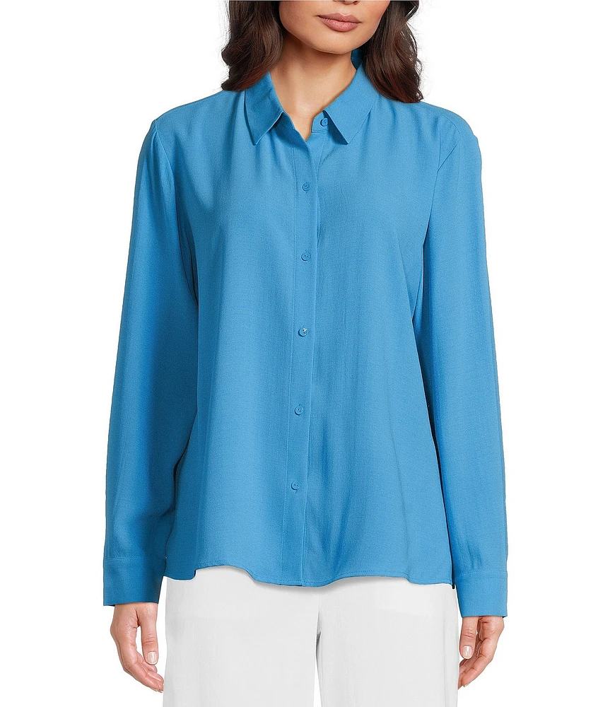 Eileen Fisher Silk Georgette Crepe Classic Collar Long Sleeve Top