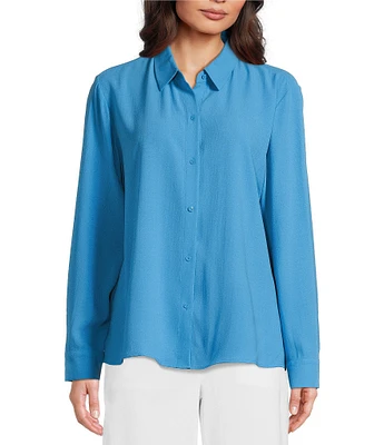 Eileen Fisher Silk Georgette Crepe Classic Collar Long Sleeve Top