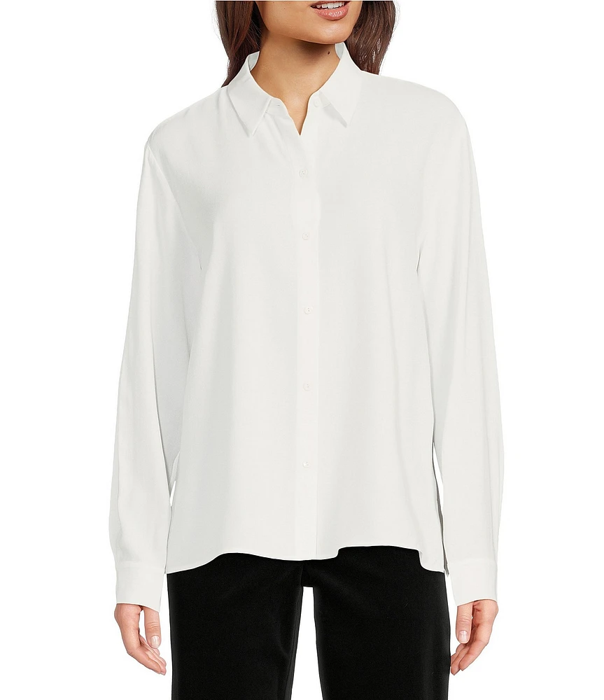 Eileen Fisher Silk Georgette Crepe Classic Collar Long Sleeve Top