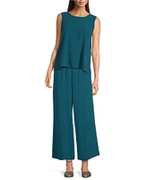 Eileen Fisher Silk Georgette Crepe Crew Neck Sleeveless Shell Tank