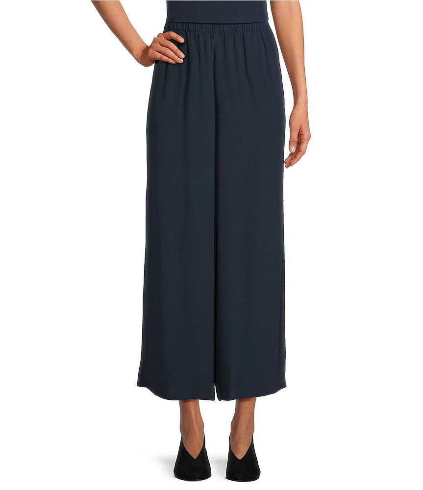 Eileen Fisher Silk Georgette Crepe Elastic Waisted Wide Leg Pull-On Ankle Pants