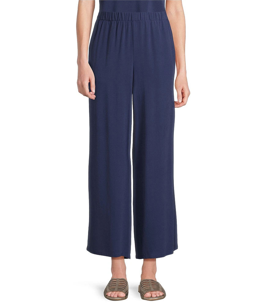 Eileen Fisher Silk Georgette Crepe Elastic Waisted Wide Leg Pull-On Ankle Pants