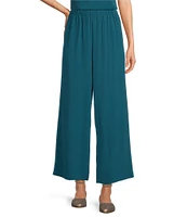 Eileen Fisher Silk Georgette Crepe Elastic Waisted Wide Leg Pull-On Ankle Pants