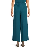 Eileen Fisher Silk Georgette Crepe Elastic Waisted Wide Leg Pull-On Ankle Pants