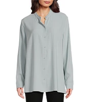 Eileen Fisher Silk Georgette Crepe Mandarin Collar Long Sleeve Button Front Shirt