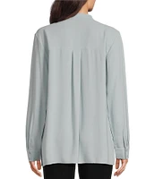 Eileen Fisher Silk Georgette Crepe Mandarin Collar Long Sleeve Button Front Shirt