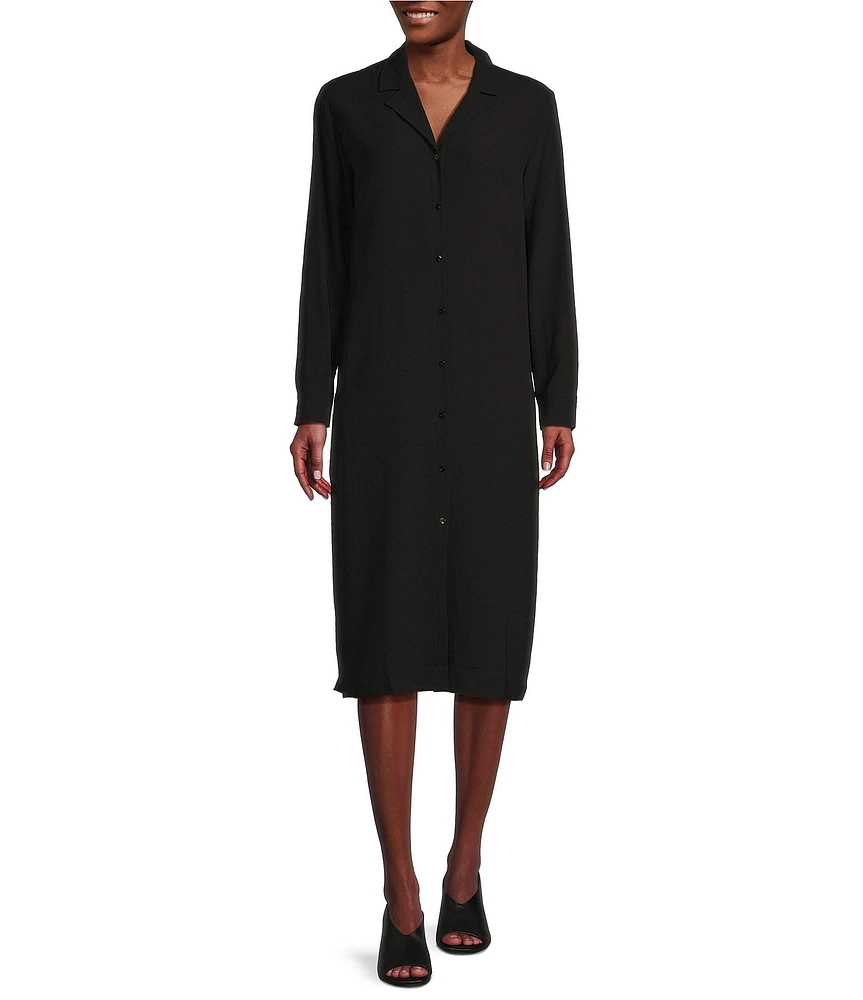 Eileen Fisher Silk Georgette Crepe Notch Collar Long Sleeve Button Front Dress