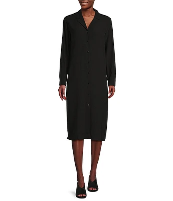 Eileen Fisher Silk Georgette Crepe Notch Collar Long Sleeve Button Front Dress