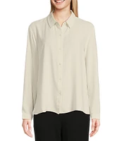 Eileen Fisher Silk Georgette Crepe Point Collar Long Sleeve Button-Front Shirt