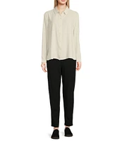 Eileen Fisher Silk Georgette Crepe Point Collar Long Sleeve Button-Front Shirt