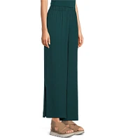 Eileen Fisher Silk Georgette Crepe Wide-Leg High Side Slit Pull-On Ankle Pants