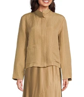 Eileen Fisher Silk Linen-Blend Stand Collar Long Sleeve Pocketed Boxy Fit Jacket